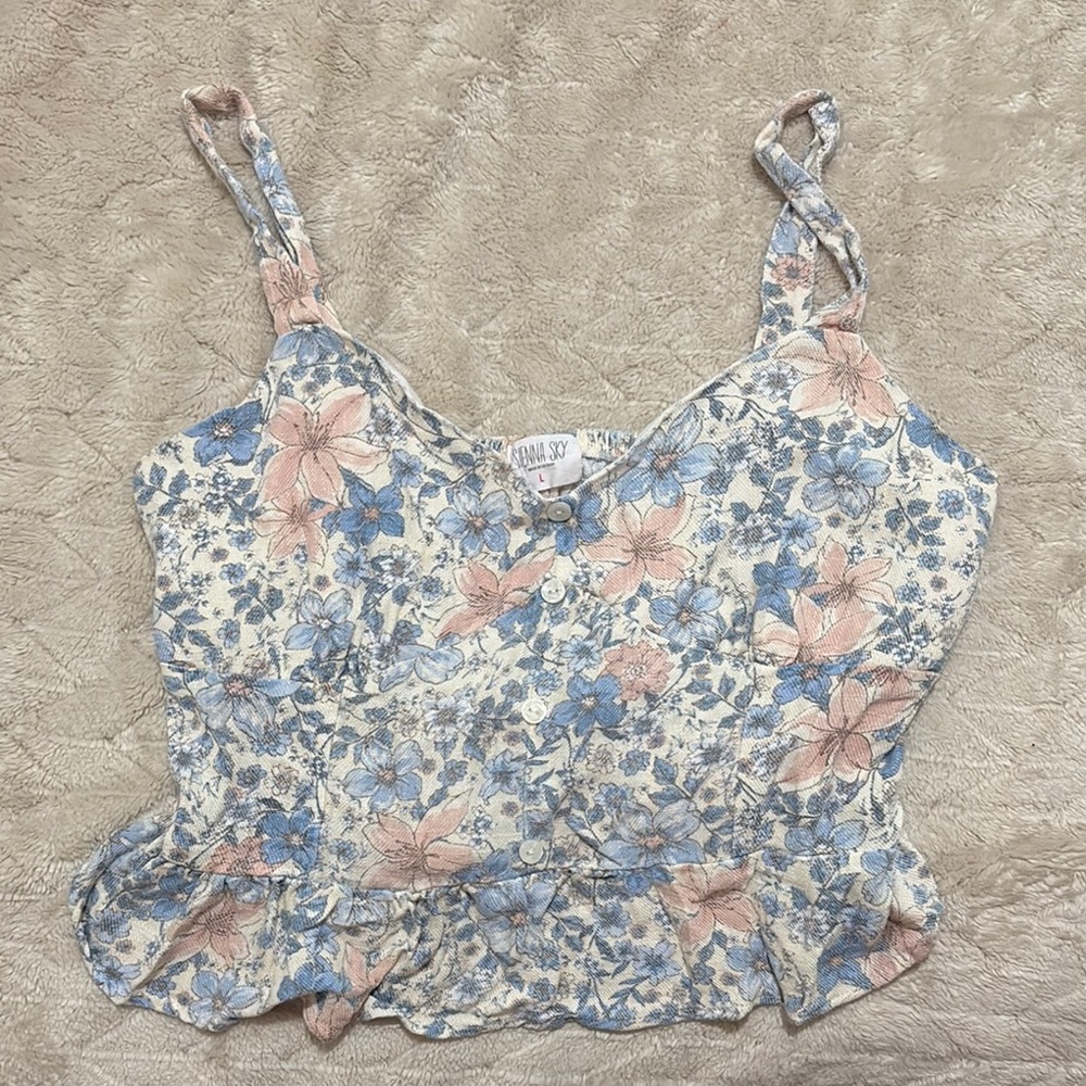 Sienna Sky Blue and Pink Ruffled Crop Tank Top